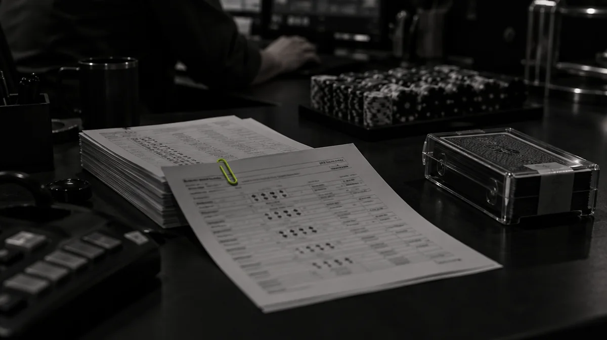 A poker operator's game-integrity desk with a stack of printed hand-history sheets, one sheet marked with a lime paper clip, a chip rack and a sealed deck cassette